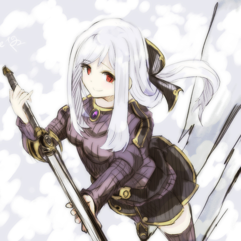 1girl, from_above, hair_ribbon, half-closed_eyes, holding_weapon, koko_(hm142533), long_hair, looking_to_the_side