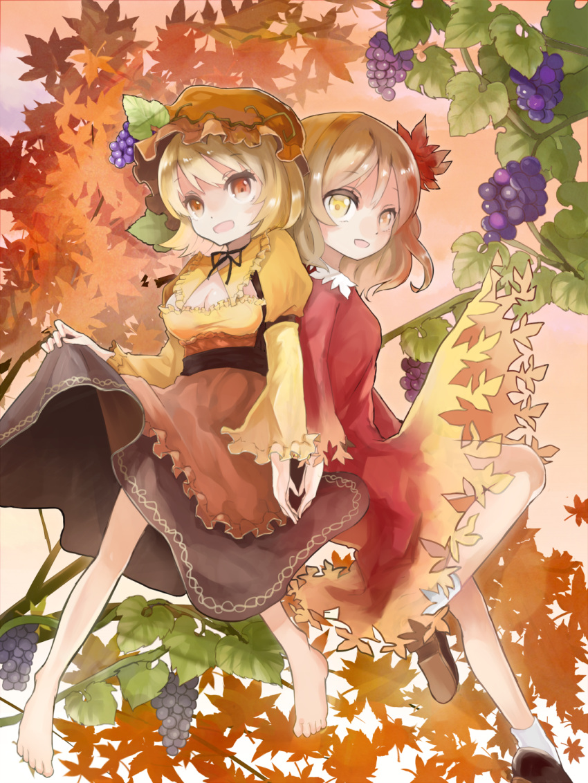 2girls, aki_minoriko, aki_shizuha, apron, back-to-back, barefoot, blonde_hair, choker