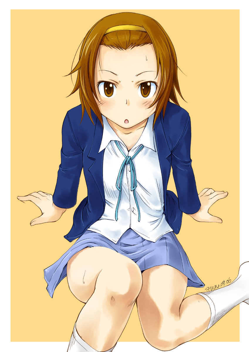 :o, blazer, blush, brown_eyes, brown_hair, forehead, hairband, highres
