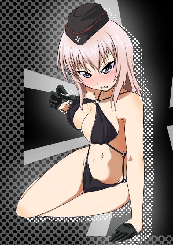 1girl, bikini, blue_eyes, blush, girls_und_panzer, gloves, hat, itsumi_erika