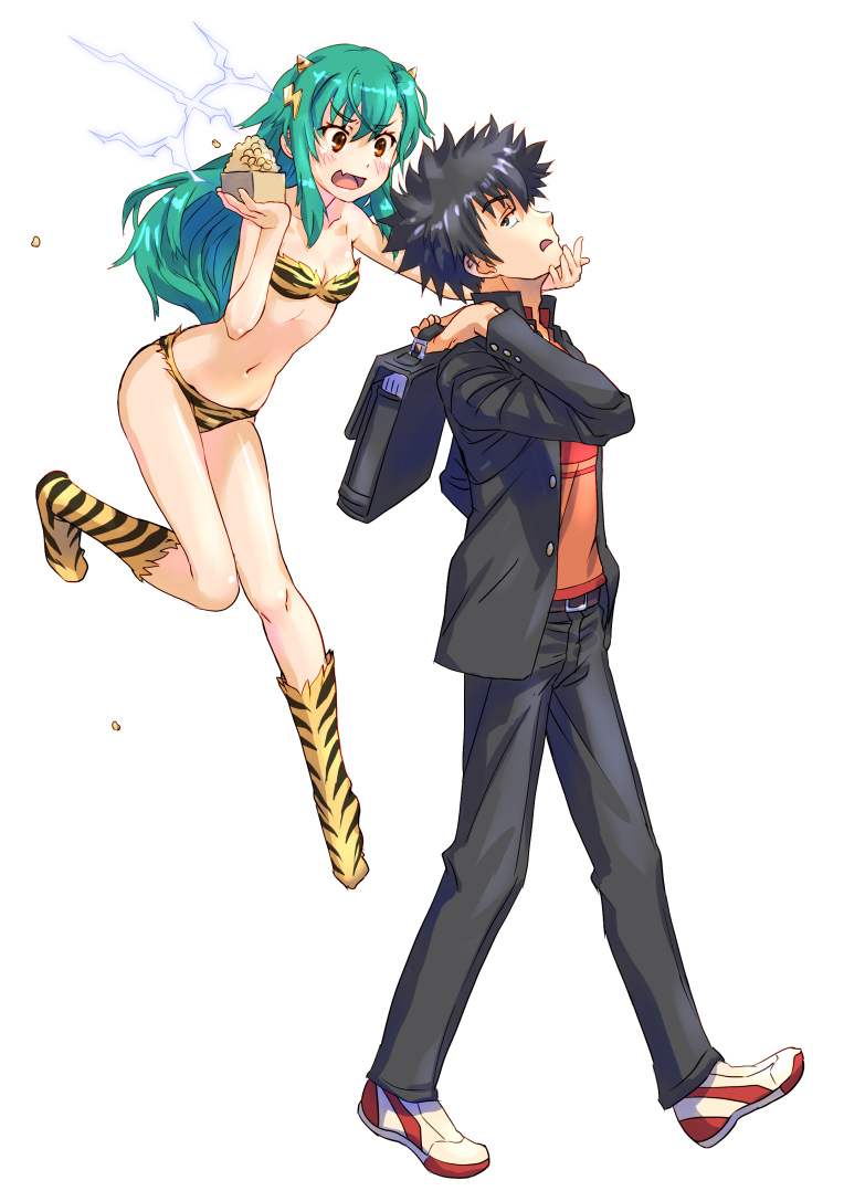 1boy, 1girl, bag, beans, bikini, black_hair, boots, box