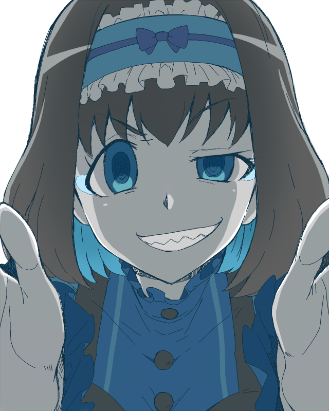 1girl, black_hair, blue_eyes, blue_hair, bow, dress, garie_tuman, grin