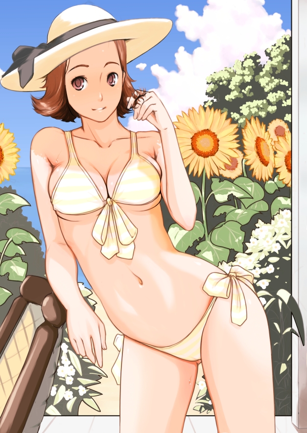 adjusting_hair, breasts, brown_eyes, brown_hair, cleavage, code49, flower, front-tie_top