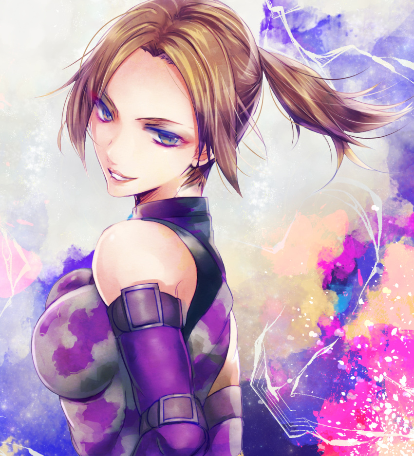 1girl, blonde_hair, breasts, camouflage, catsuit, elbow_gloves, forehead, gloves