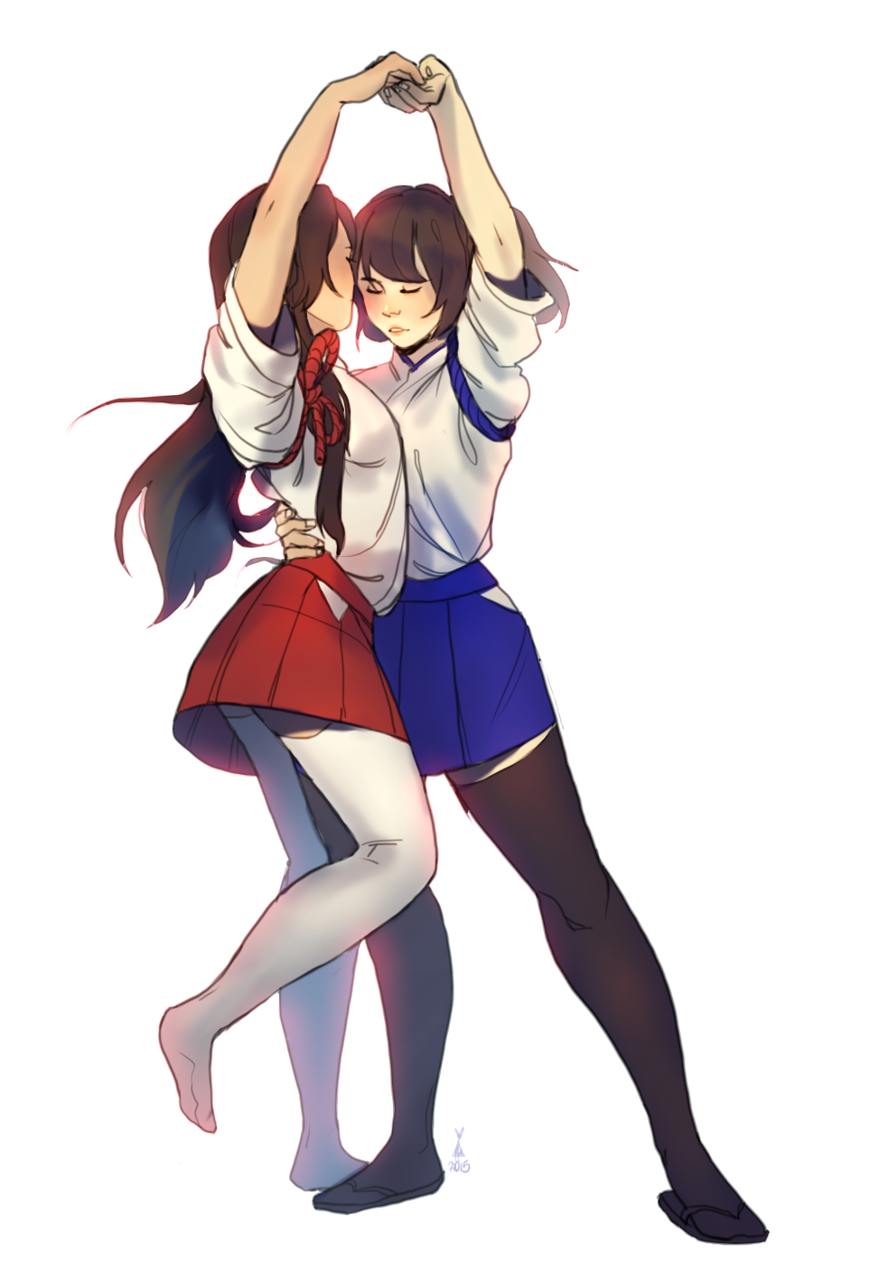 akagi_(kantai_collection), blue_skirt, brown_hair, cheekyposelenets, closed_eyes, dancing, dated, flip-flops