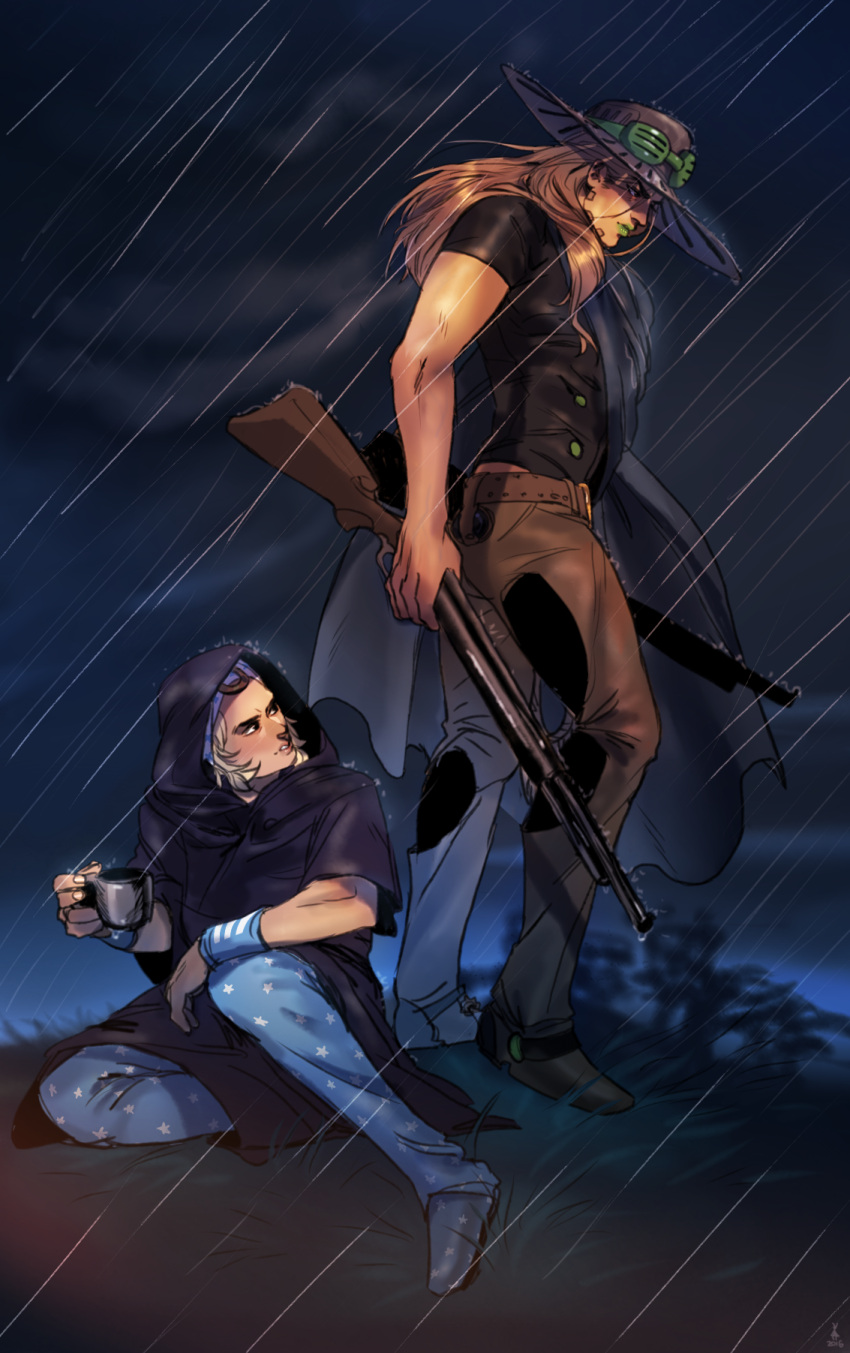 blonde_hair, cape, cheekyposelenets, clouds, cloudy_sky, cowboy_hat, cup, dated