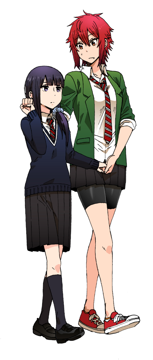 2girls, aizawa_tomo, bike_shorts, black_eyes, black_hair, blush, fang, gundou_misuzu