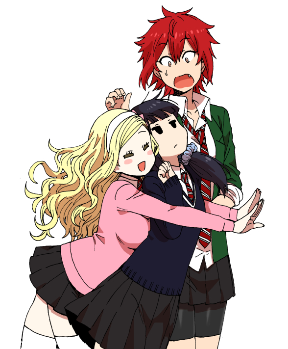 3girls, aizawa_tomo, bike_shorts, black_hair, blonde_hair, blush, carol_olston, closed_eyes, empty_eyes, fang, glomp, gundou_misuzu, hug, long_sleeves, multiple_girls, necktie, open_mouth, pleated_skirt, redhead, school_uniform, short_hair, side_ponytail, simple_background, skirt, sweatdrop, sweater, thigh-highs, tomboy, tomo-chan_wa_onna_no_ko, white_background, white_legwear, yanagida_fumita, yellow_eyes