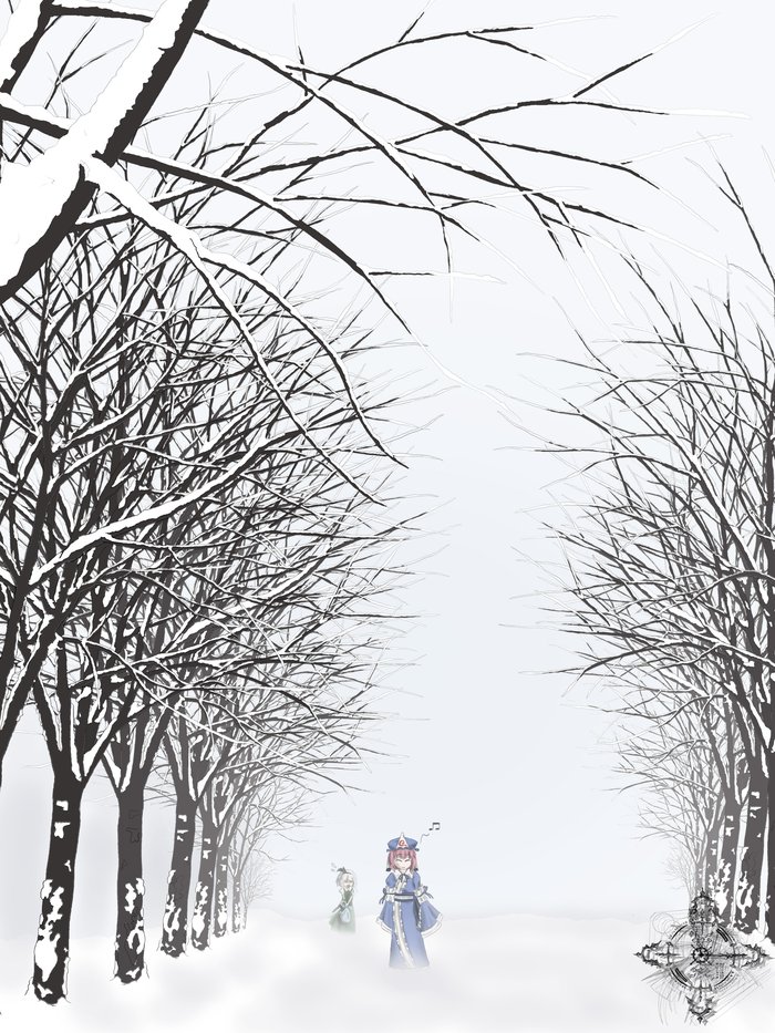 2girls, bag, bare_tree, carrying_bag, closed_eyes, day, forest, green_skirt