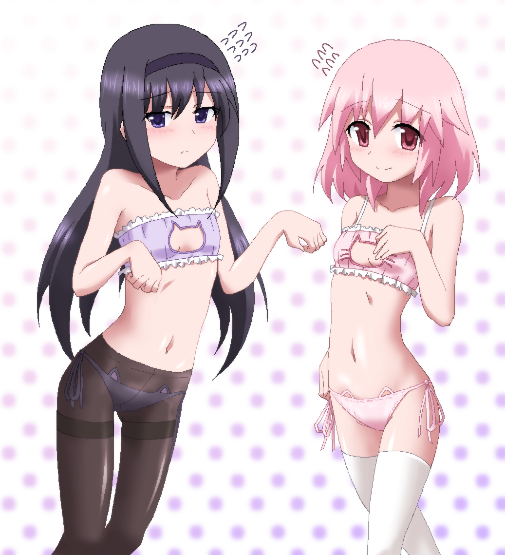 2girls, akemi_homura, black_hair, black_legwear, blush, bra, cat_cutout, cat_ear_panties
