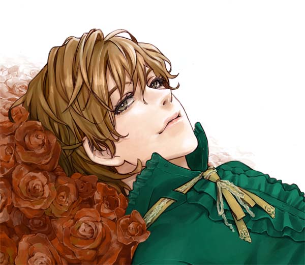 1boy, brown_eyes, brown_hair, enokizu_reijirou, eyelashes, flower, flower_bed, kanimaru, male_focus, rose, solo, ubume_no_natsu, upper_body