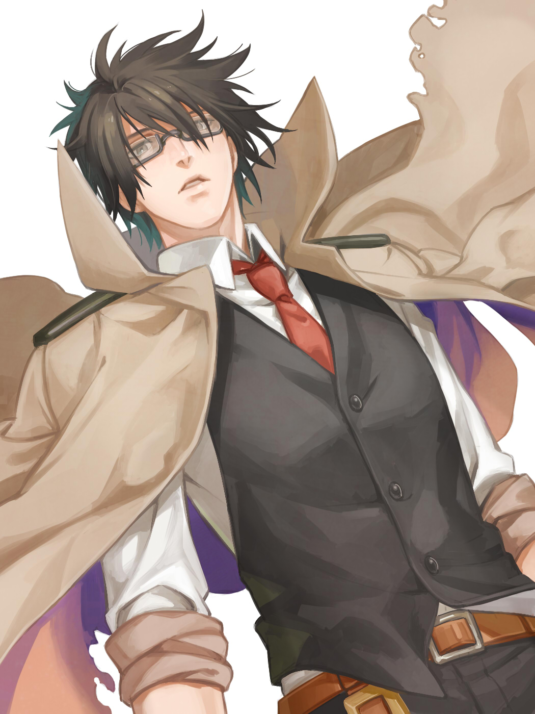 1boy, belt, brown_eyes, brown_hair, coat, dutch_angle, from_below, glasses, highres, jacket_on_shoulders, kanimaru, male_focus, necktie, original, sleeves_rolled_up, solo, torn_coat, vest
