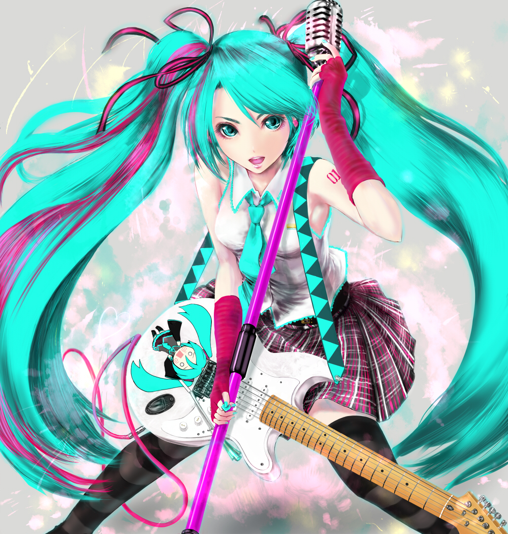 aqua_eyes, aqua_hair, cameo, elbow_gloves, fingerless_gloves, gloves, guitar, hachune_miku