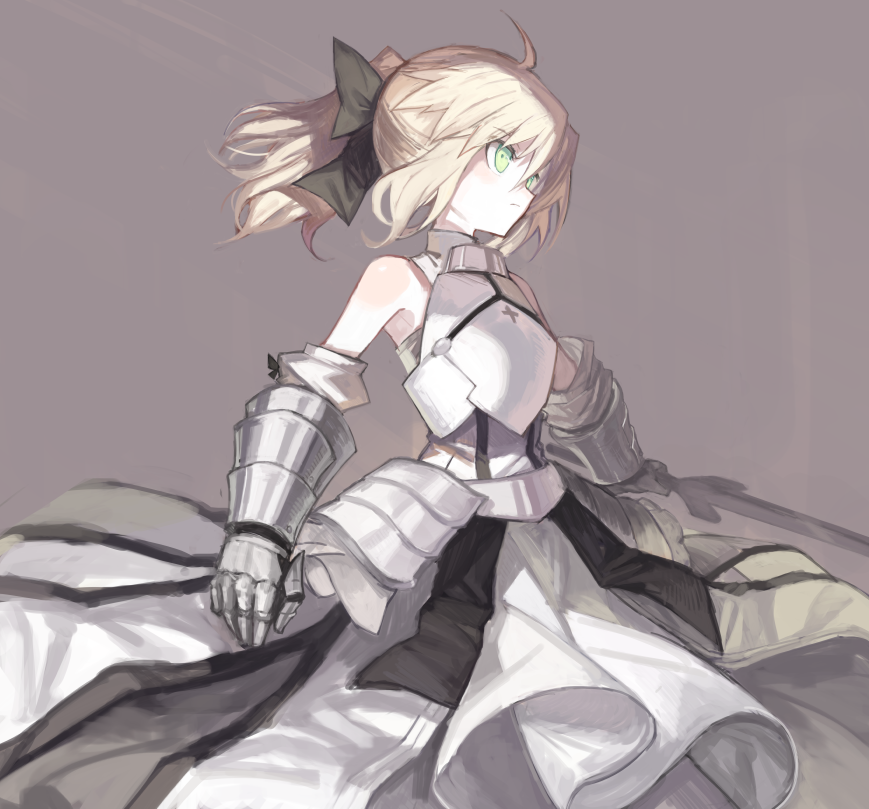 1girl, ahoge, armor, armored_dress, bare_shoulders, blonde_hair, bow, detached_sleeves