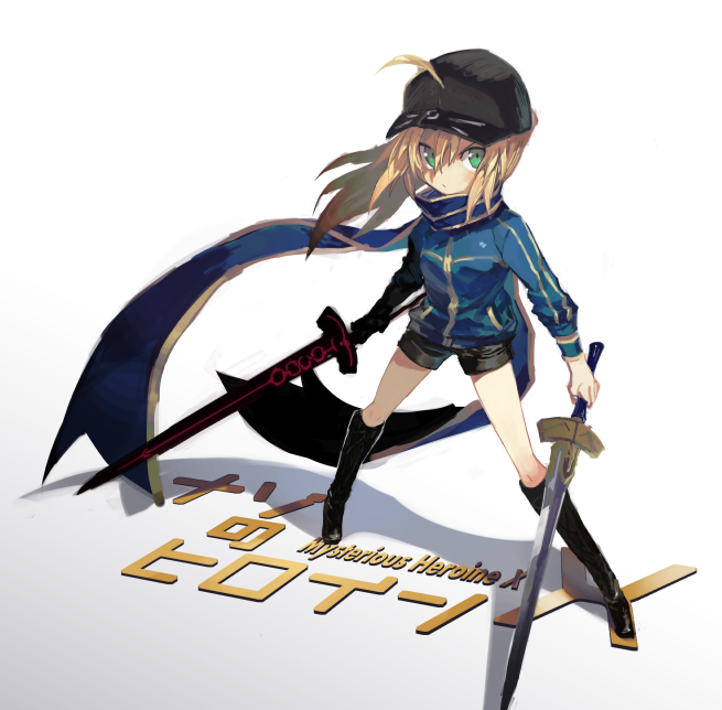 ahoge, blonde_hair, cap, character_name, excalibur, fate/stay_night, fate_(series), heroine_x