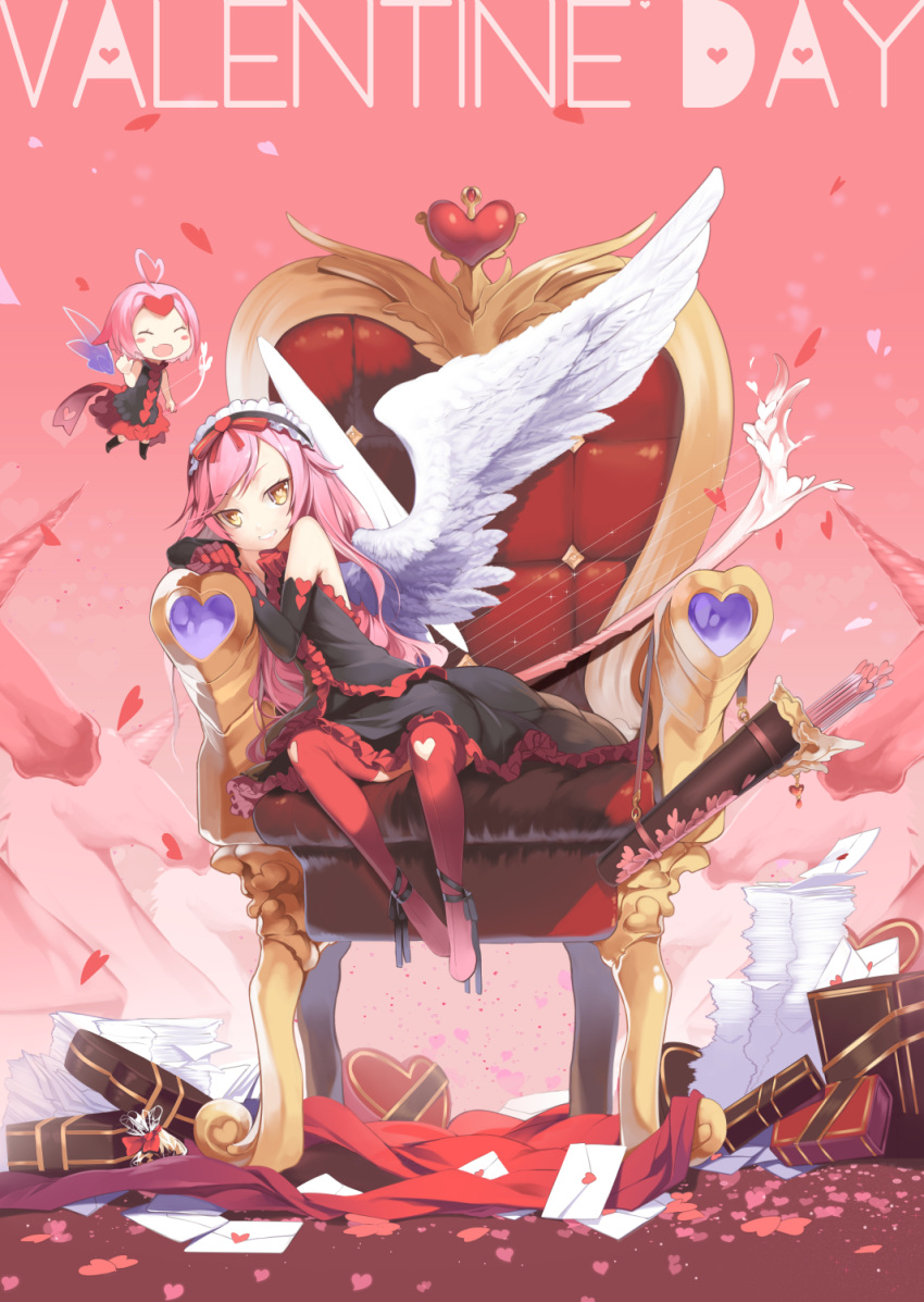 2girls, ahoge, angel, angel_wings, aoi_tsunami, arrow, bare_shoulders, black_dress
