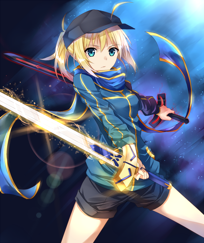 1girl, ahoge, baseball_cap, blonde_hair, blue_scarf, dual_wielding, excalibur, fate/grand_order