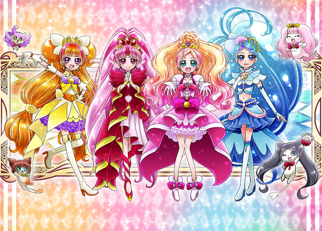 aroma_(go!_princess_precure), cokata, cure_flora, cure_mermaid, cure_scarlet, cure_twinkle, earrings, go!_princess_precure