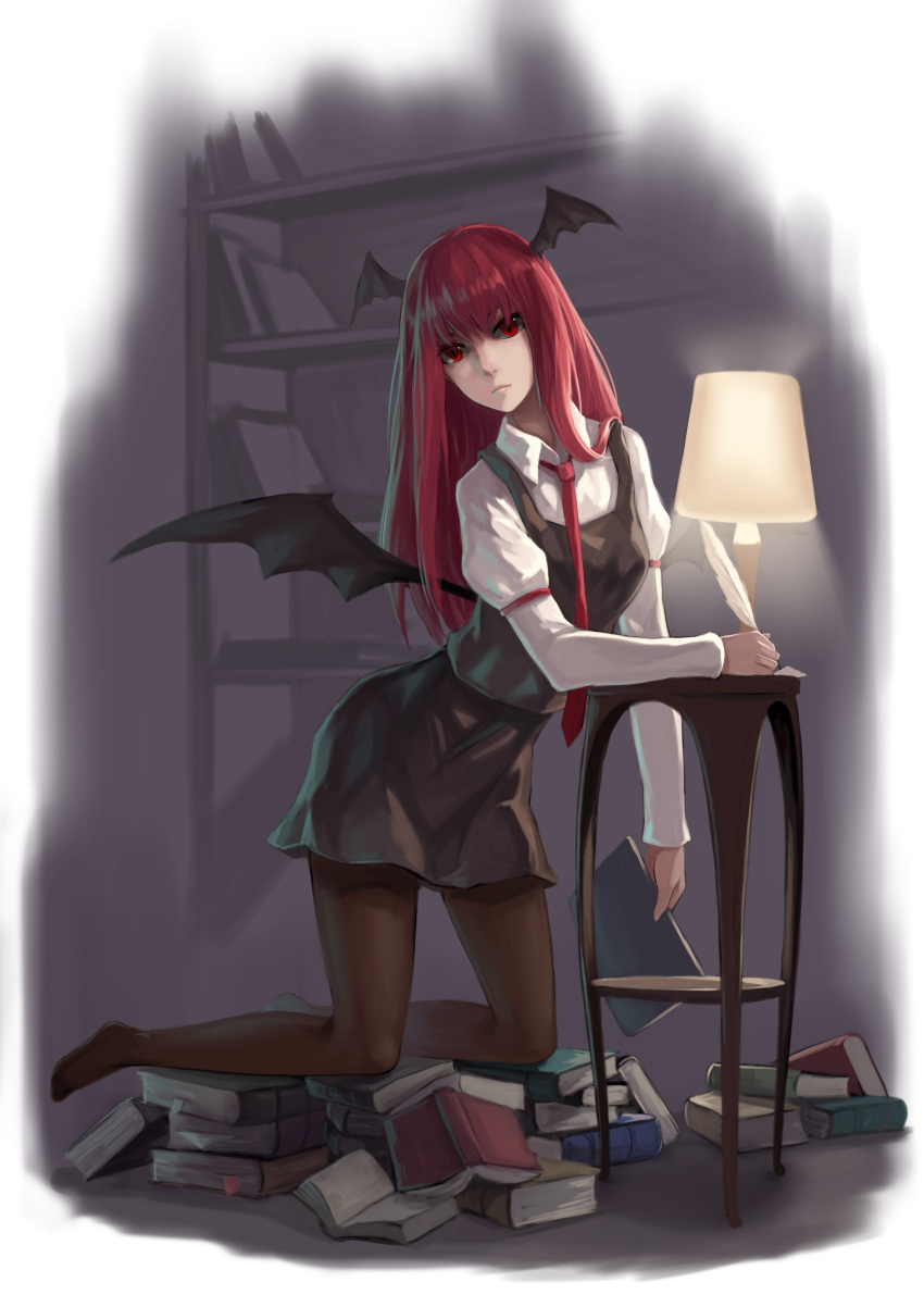 1girl, absurdres, arm_garter, bangs, bat_wings, black_skirt, black_vest, black_wings, book, bookshelf, closed_mouth, collared_shirt, demon_wings, frown, full_body, fuuko_chan, head_wings, highres, holding, holding_book, kneeling, koakuma, lamp, library, long_hair, long_sleeves, looking_at_viewer, necktie, no_shoes, pantyhose, quill, red_eyes, red_necktie, red_ribbon, redhead, ribbon, shirt, skirt, skirt_set, solo, stole, touhou, vest, white_shirt, wings