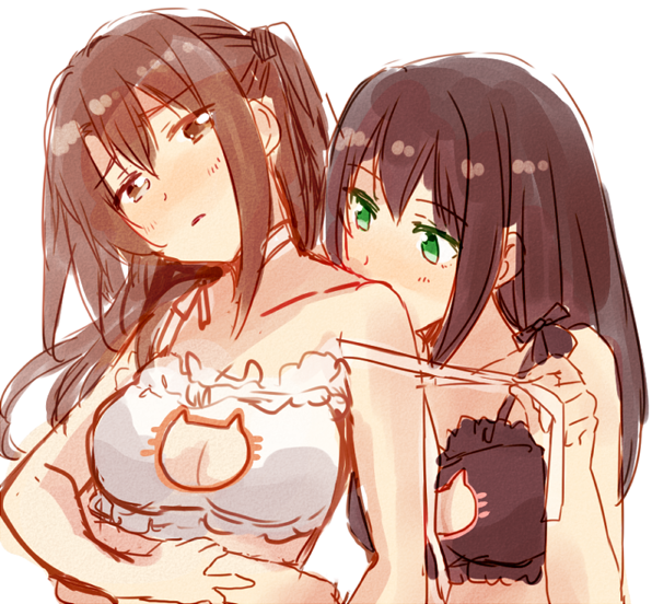 2girls, bra, breasts, brown_hair, cat_cutout, cat_lingerie, cleavage_cutout, green_eyes