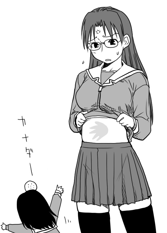 angry, azumanga_daioh, azumanga_daiou, azumanga_daiou_hoshuu-hen, canada, chibi, glasses, head_bump, headbump, kasuga_ayumu, long_hair, midriff, mizuhara_koyomi, monochrome, sakaki_imasato, school_uniform, serafuku, shirt_lift, skirt, slap_mark, sweatdrop, thigh-highs, thighhighs, tummy_slap, zettai_ryouiki