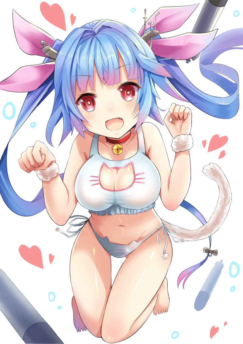 1girl, :d, alternate_costume, bangs, barefoot, bell, bell_choker, blue_hair