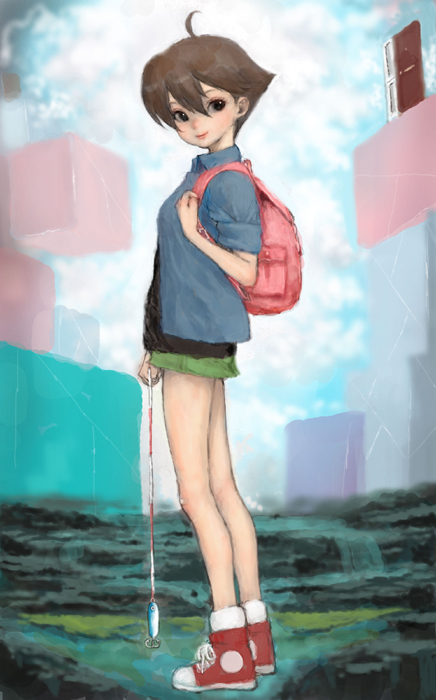 bag, brown_hair, child, door, fishing_line, pon, shoes, short_hair