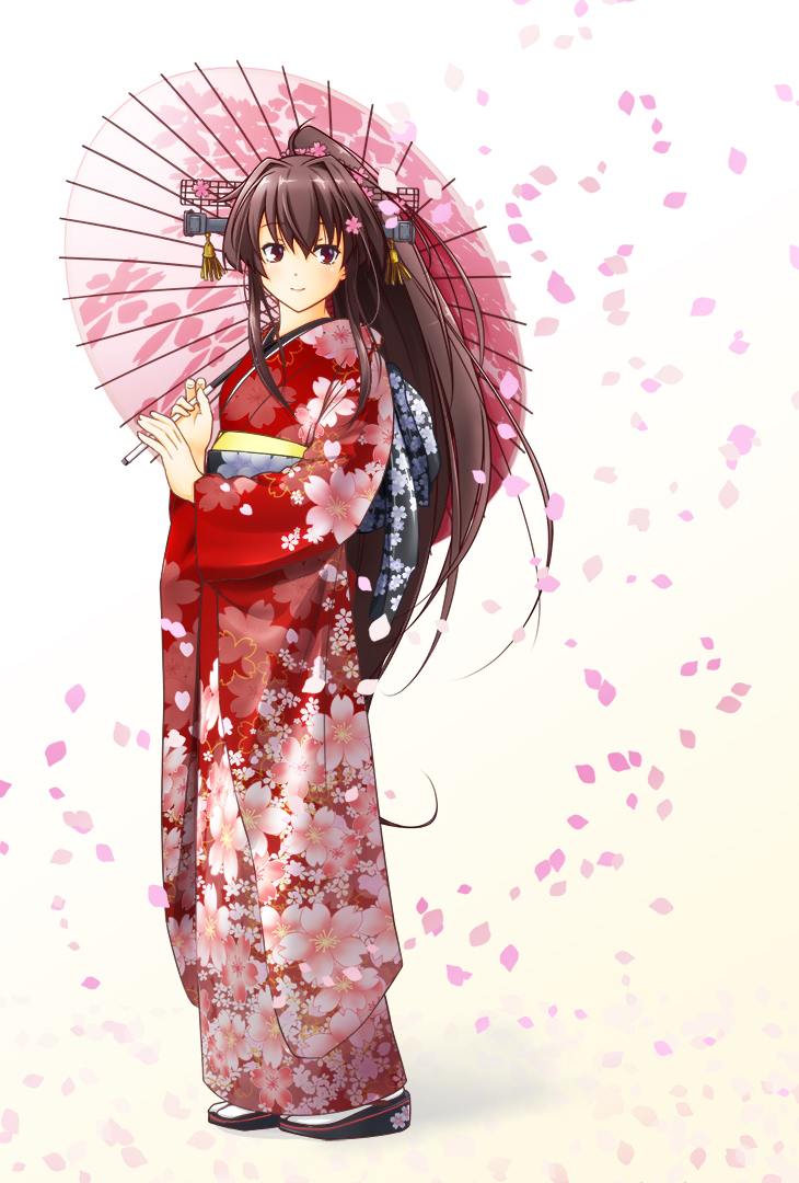 brown_hair, cherry_blossoms, floral_print, flower, hair_flower, hair_ornament, headgear, japanese_clothes