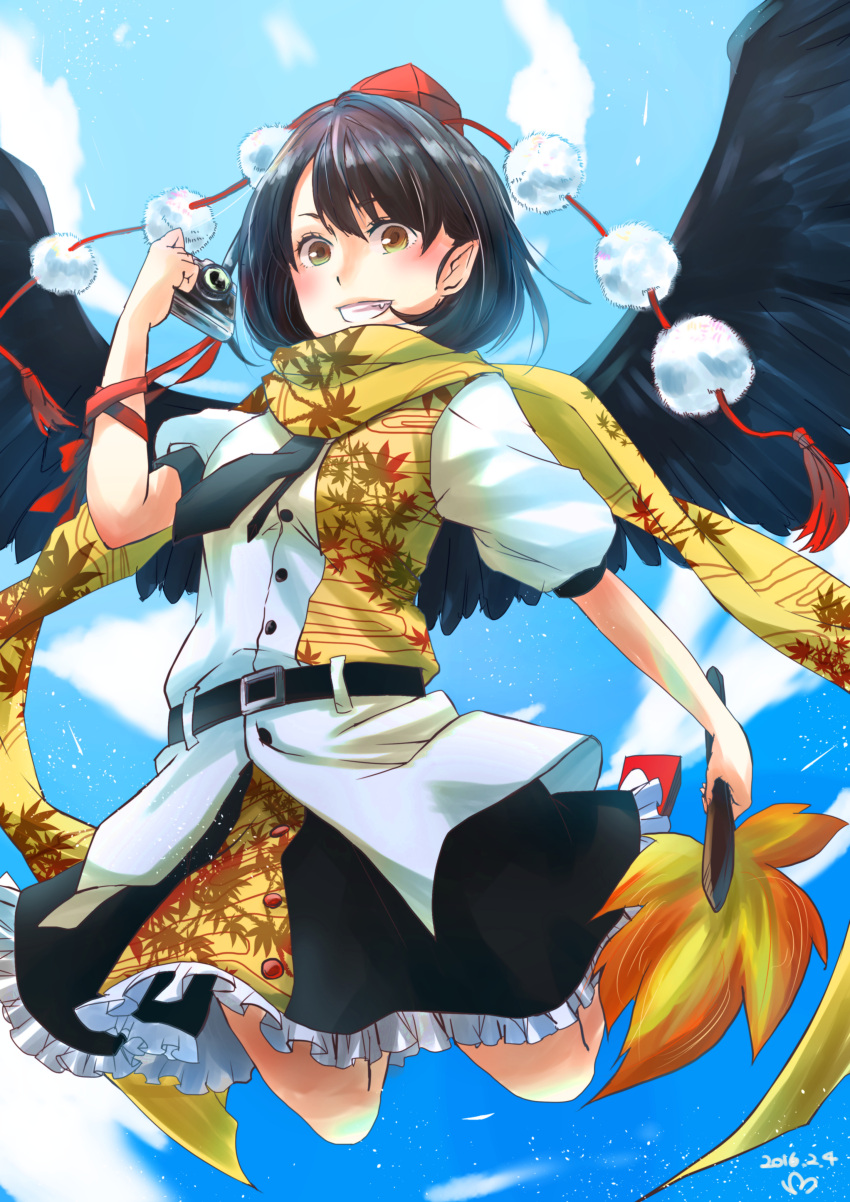 1girl, absurdres, black_hair, black_skirt, black_wings, blue_sky, blush, camera, clouds, dated, day, fan, feathered_wings, frilled_skirt, frills, geta, grin, hand_up, hat, highres, holding_camera, leaf_print, legs_up, meso, pointy_ears, red_shoes, redhead, scarf, shameimaru_aya, shiny, shiny_hair, shirt, shoes, short_hair, short_sleeves, signature, skirt, sky, small_breasts, smile, solo, teeth, tengu-geta, tokin_hat, touhou, white_shirt, wings, yellow_eyes, yellow_scarf