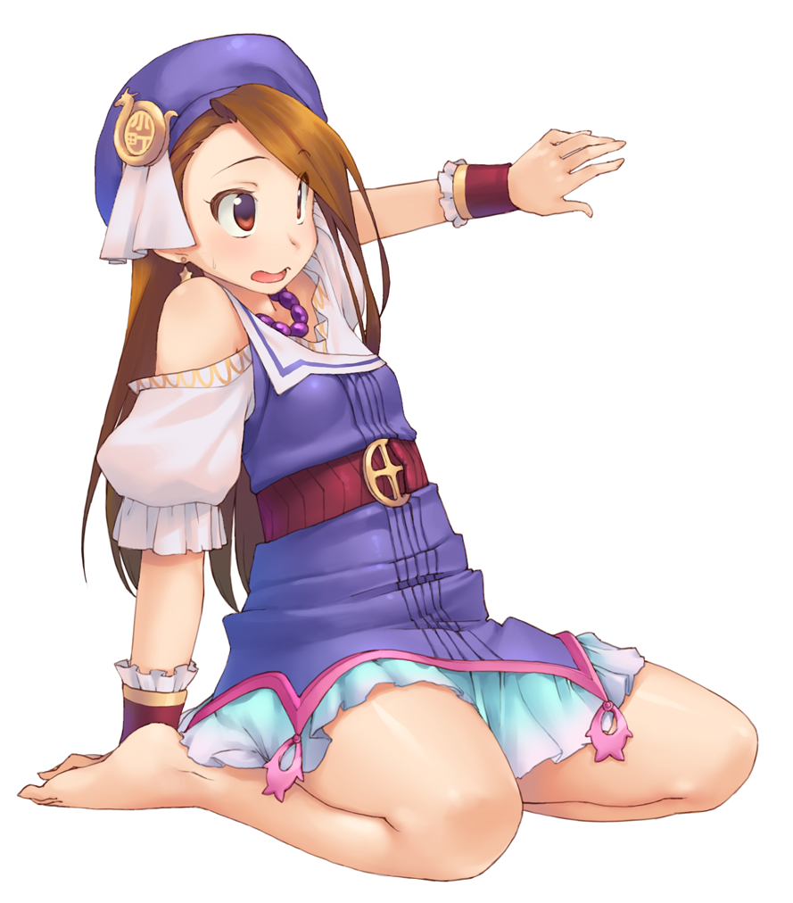 1girl, bare_shoulders, barefoot, beret, brown_eyes, brown_hair, dress, earrings