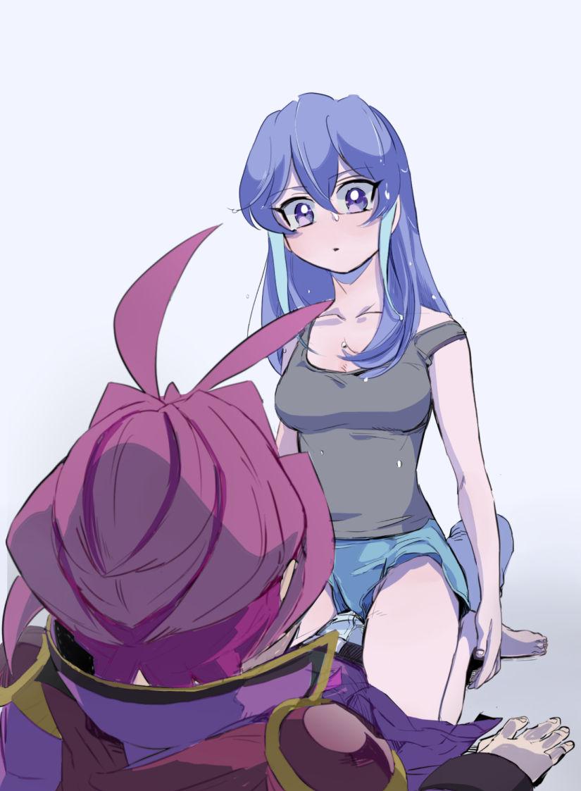 1boy, 1girl, antenna_hair, blue_hair, boyshorts, collarbone, girl_on_top, multicolored_hair, mumusan, purple_hair, serena_(yuu-gi-ou_arc-v), tank_top, two-tone_hair, violet_eyes, wet, yuu-gi-ou, yuu-gi-ou_arc-v, yuuri_(yuu-gi-ou_arc-v)