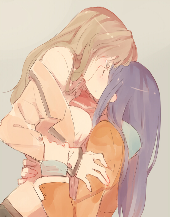 2girls, blazer, blue_hair, brown_hair, closed_eyes, couple, fujino_shizuru, holding, kiss, kuga_natsuki, long_hair, multiple_girls, my-hime, profile, school_uniform, tuhut, wrist_grab, yuri