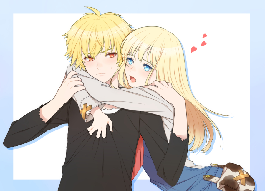 1boy, 1girl, blonde_hair, blue_eyes, blush, heart, hug, hug_from_behind