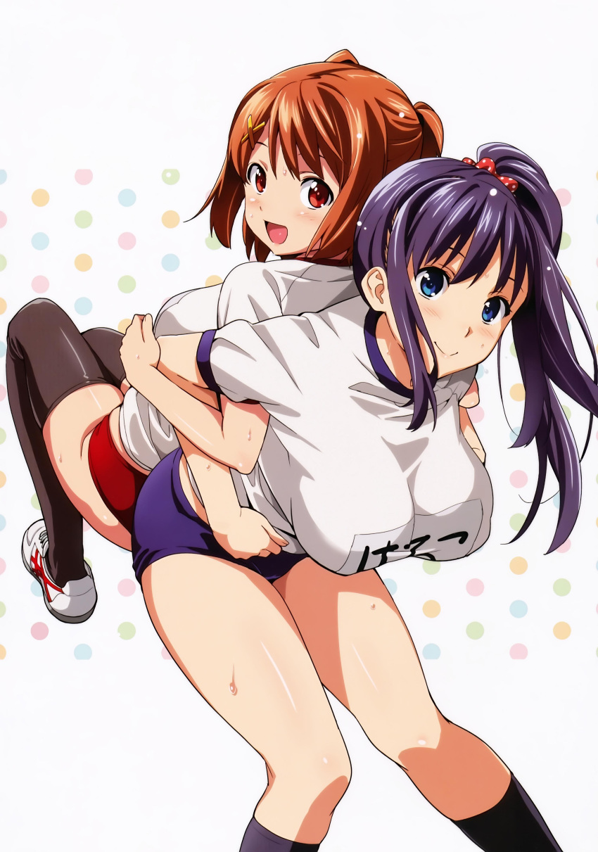 2girls, absurdres, amaya_haruko, back-to-back, black_hair, black_legwear, blue_eyes, breasts