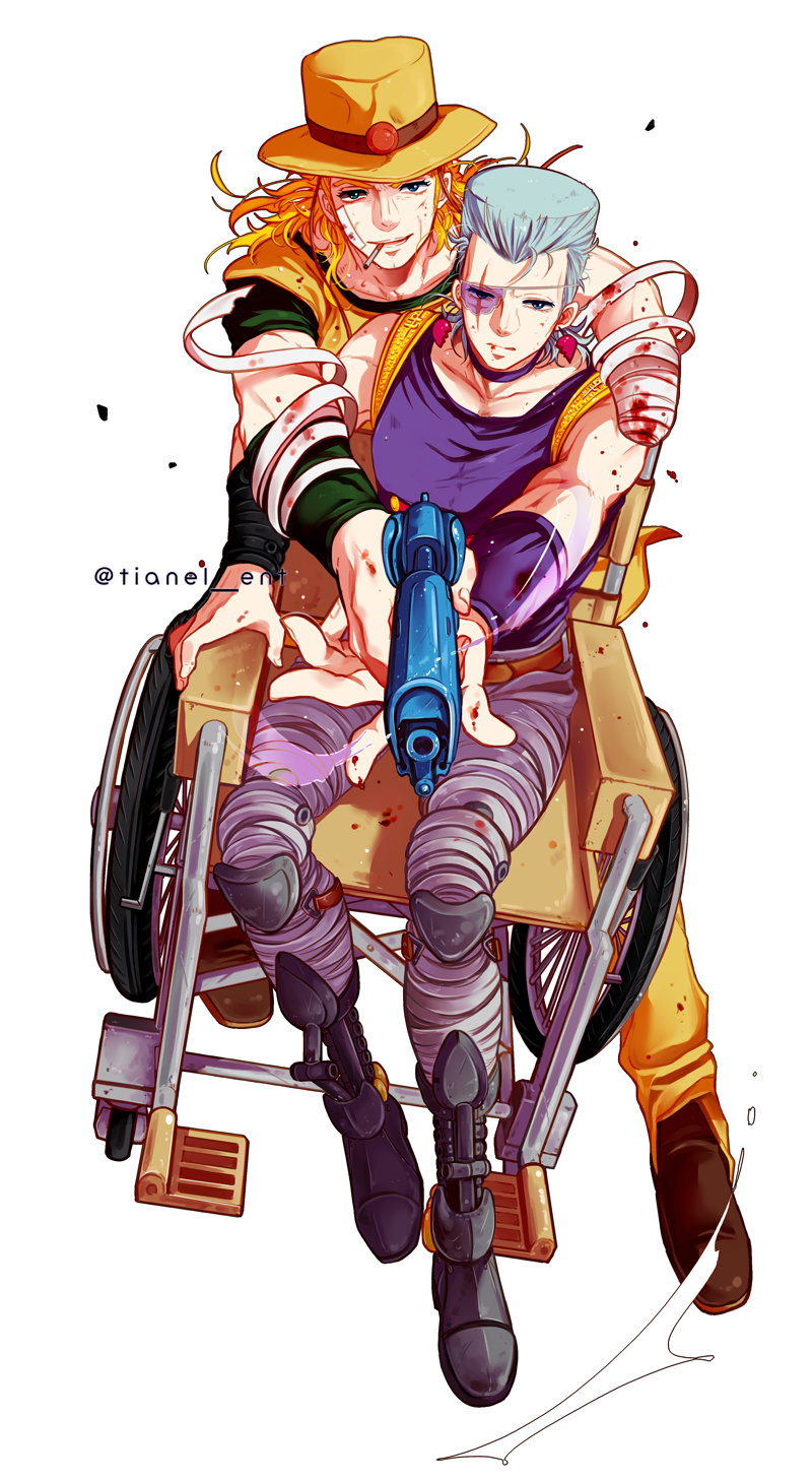 amputee, bandage_on_face, belt, blonde_hair, blood, blue_eyes, cigarette, cowboy_hat