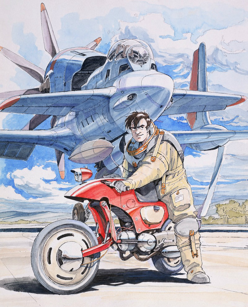 1boy, 80s, aircraft, astronaut, black_eyes, boots, brown_hair, cable
