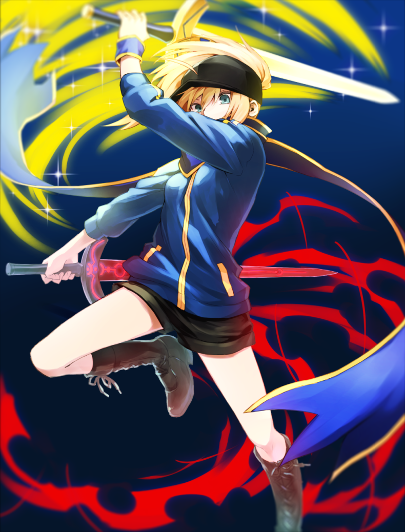 1girl, ahoge, baseball_cap, blonde_hair, boots, cross-laced_footwear, dark_excalibur, excalibur