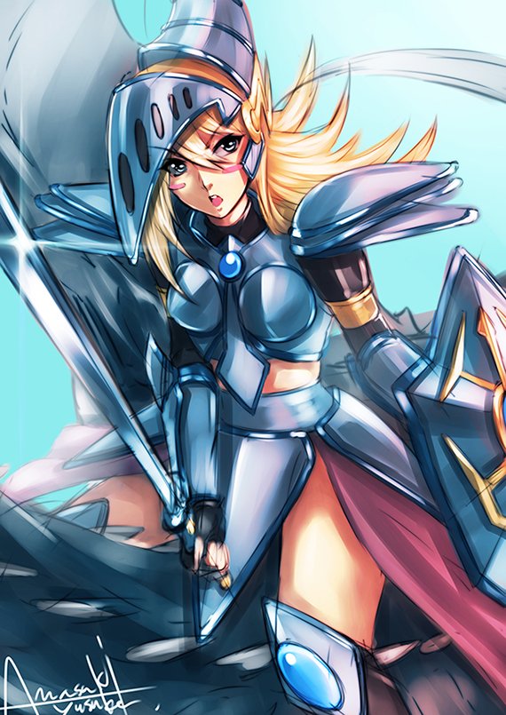 1girl, armor, blonde_hair, breastplate, dark_magician_girl_the_dragon_knight, duel_monster, shield, sword