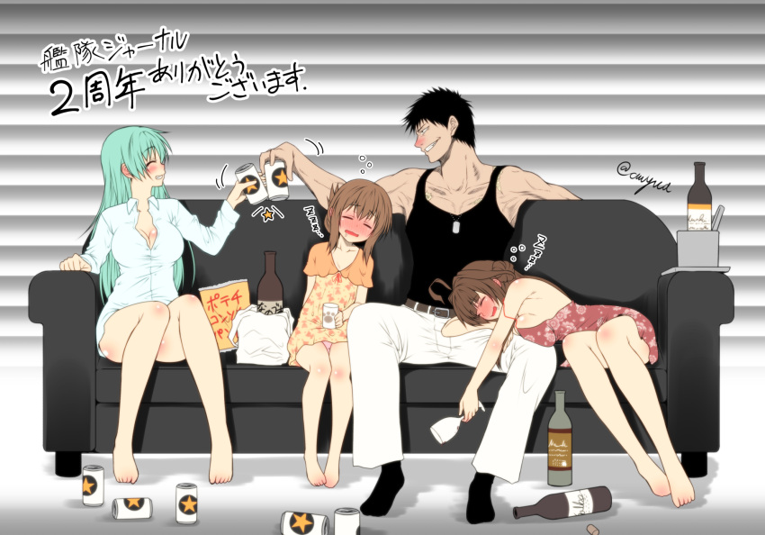 1boy, 3girls, ahoge, alternate_costume, barefoot, beer_can, blush, bottle