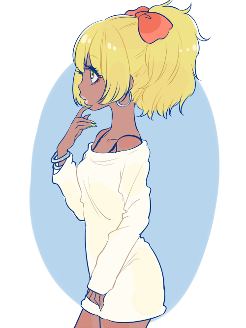 1girl, bangs, blonde_hair, bow, bra_strap, bracelet, collarbone, cowboy_shot, dark_skin, dress, earrings, finger_to_face, fingernails, from_side, ganguro, hair_bow, hoop_earrings, jewelry, juushiko_(osomatsu-san), lipstick, long_fingernails, long_hair, long_sleeves, makeup, nail_polish, off-shoulder_dress, off_shoulder, osomatsu-san, ponytail, profile, red_bow, rey0, sharp_fingernails, short_dress, solo, white_dress, yellow_eyes, yellow_nails