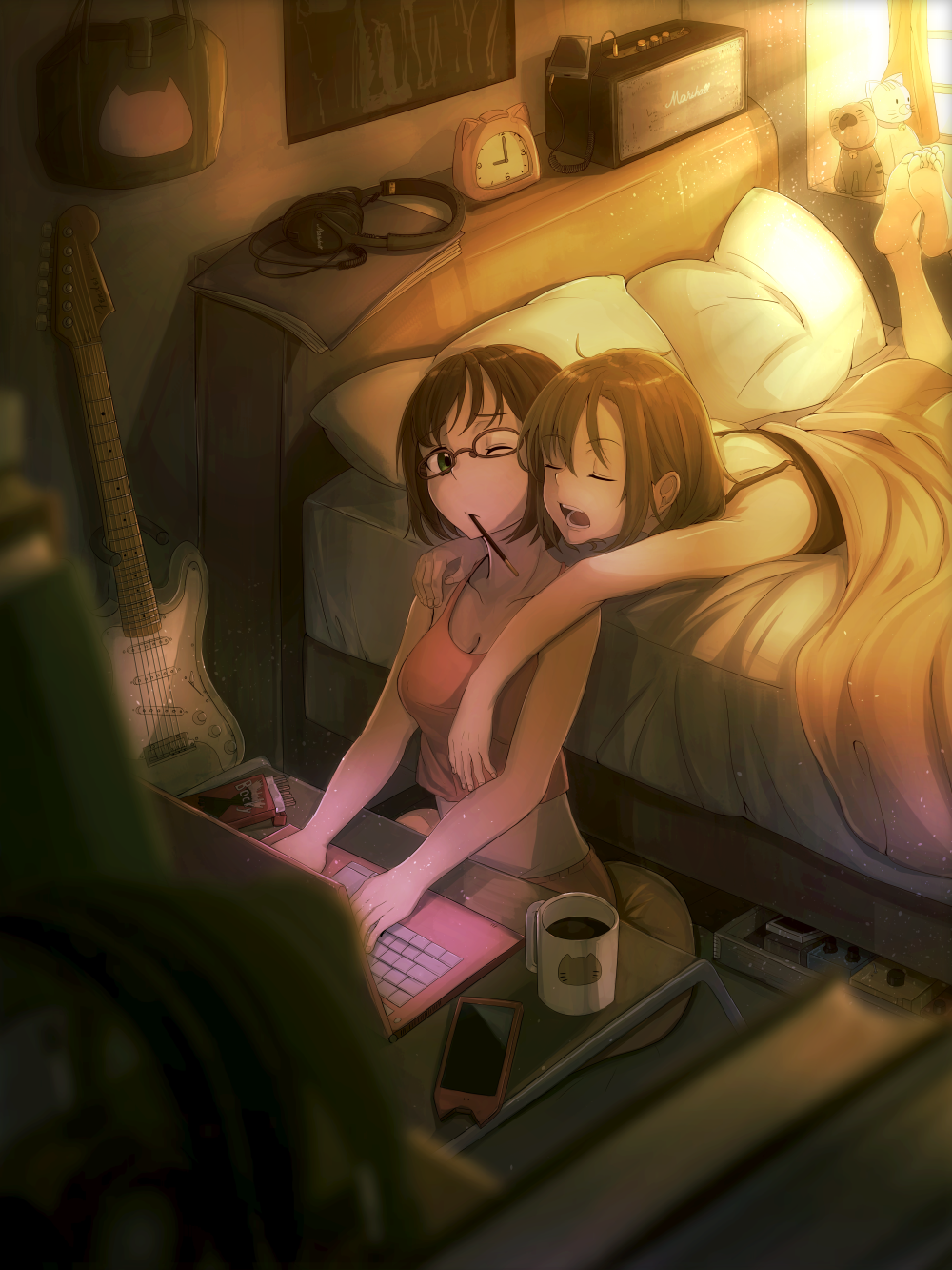 bare_shoulders, barefoot, bed, bedroom, breasts, brown_hair, casino_(pixiv468133), cleavage