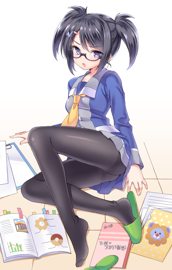 >:o, 1girl, :o, bangs, black_hair, black_legwear, book, clipboard