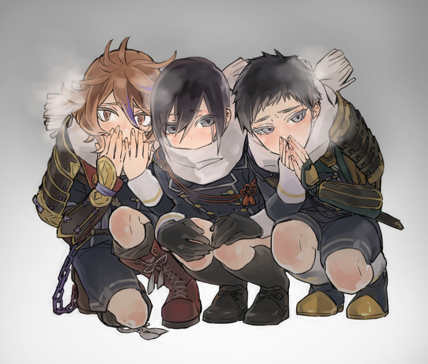 3boys, armor, atsushi_toushirou, black_gloves, black_hair, black_legwear, boots, brown_eyes