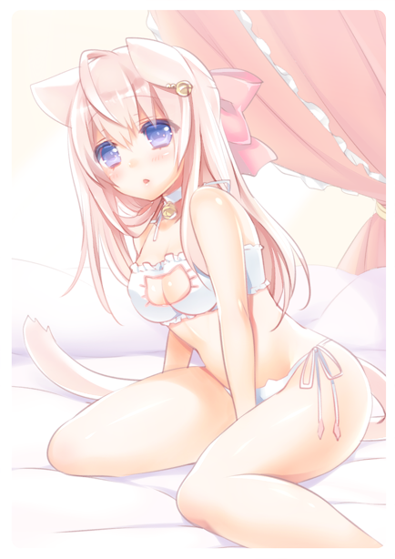 1girl, ahoge, animal_ears, bangs, bed, bell, bell_choker, between_legs, blue_eyes, blush, bow, cat_cutout, cat_ear_panties, cat_lingerie, choker, cleavage_cutout, curtains, earrings, eyebrows, eyebrows_visible_through_hair, frills, hair_bow, hair_ornament, half_updo, hand_between_legs, hlz, indoors, jewelry, jingle_bell, long_hair, navel, on_bed, original, panties, pillow, pink_bow, side-tie_panties, sitting, solo, stomach, tail, underwear, underwear_only, white_panties