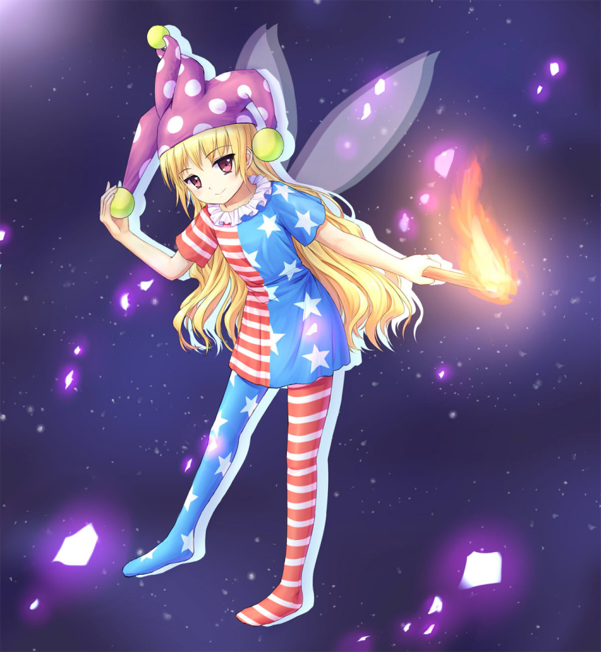 1girl, american_flag_legwear, american_flag_shirt, bangs, blonde_hair, clownpiece, collar, fairy_wings