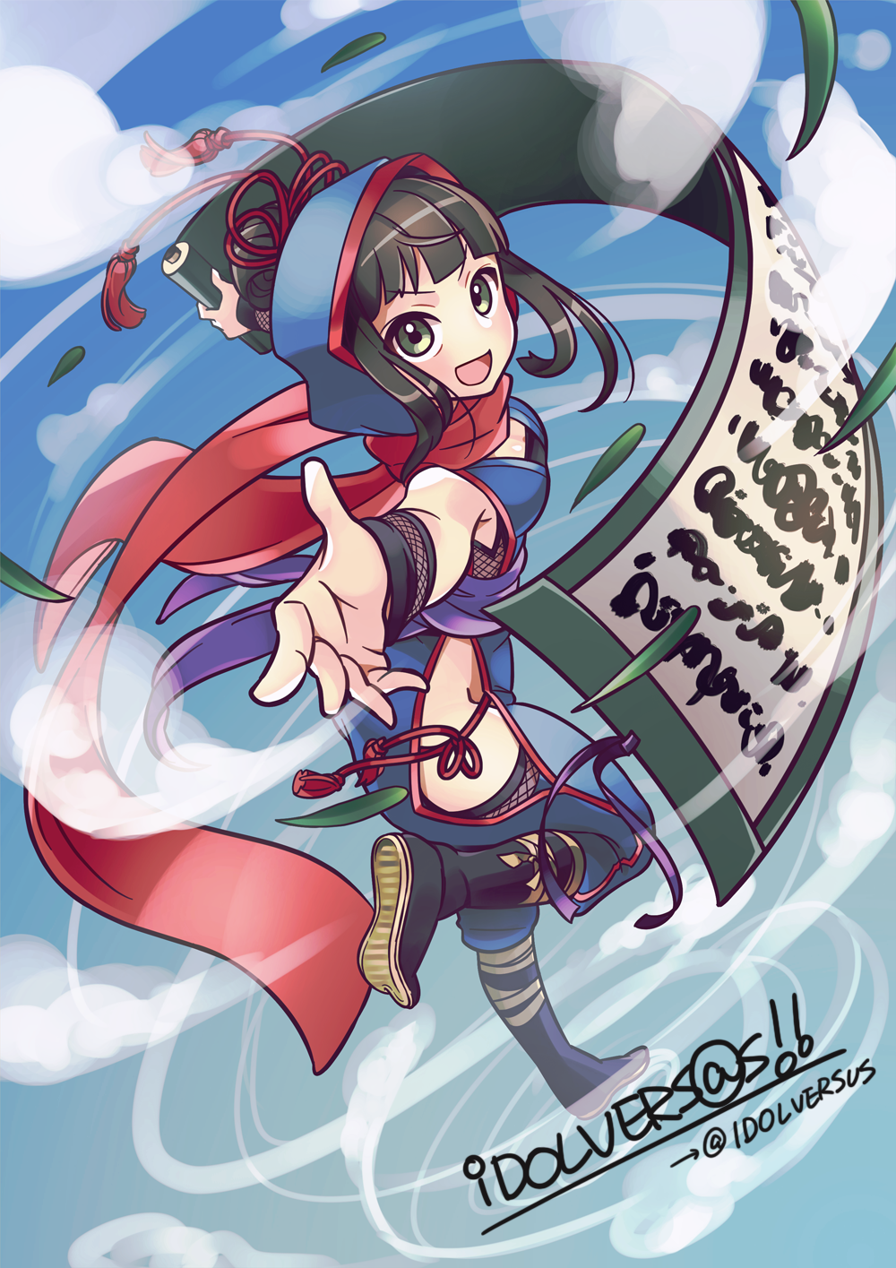 1girl, black_hair, breasts, cleiooo, fishnets, green_eyes, hamaguchi_ayame, highres