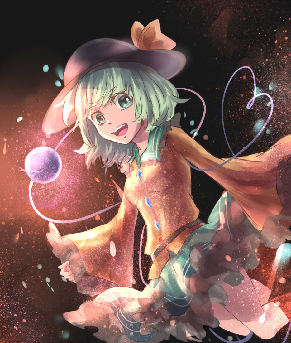 1girl, asiya_(joey26504), bow, eyeball, green_eyes, green_hair, hat, hat_bow, hat_ribbon, heart, heart_of_string, komeiji_koishi, long_sleeves, open_mouth, ribbon, short_hair, skirt, smile, string, third_eye, touhou, wide_sleeves
