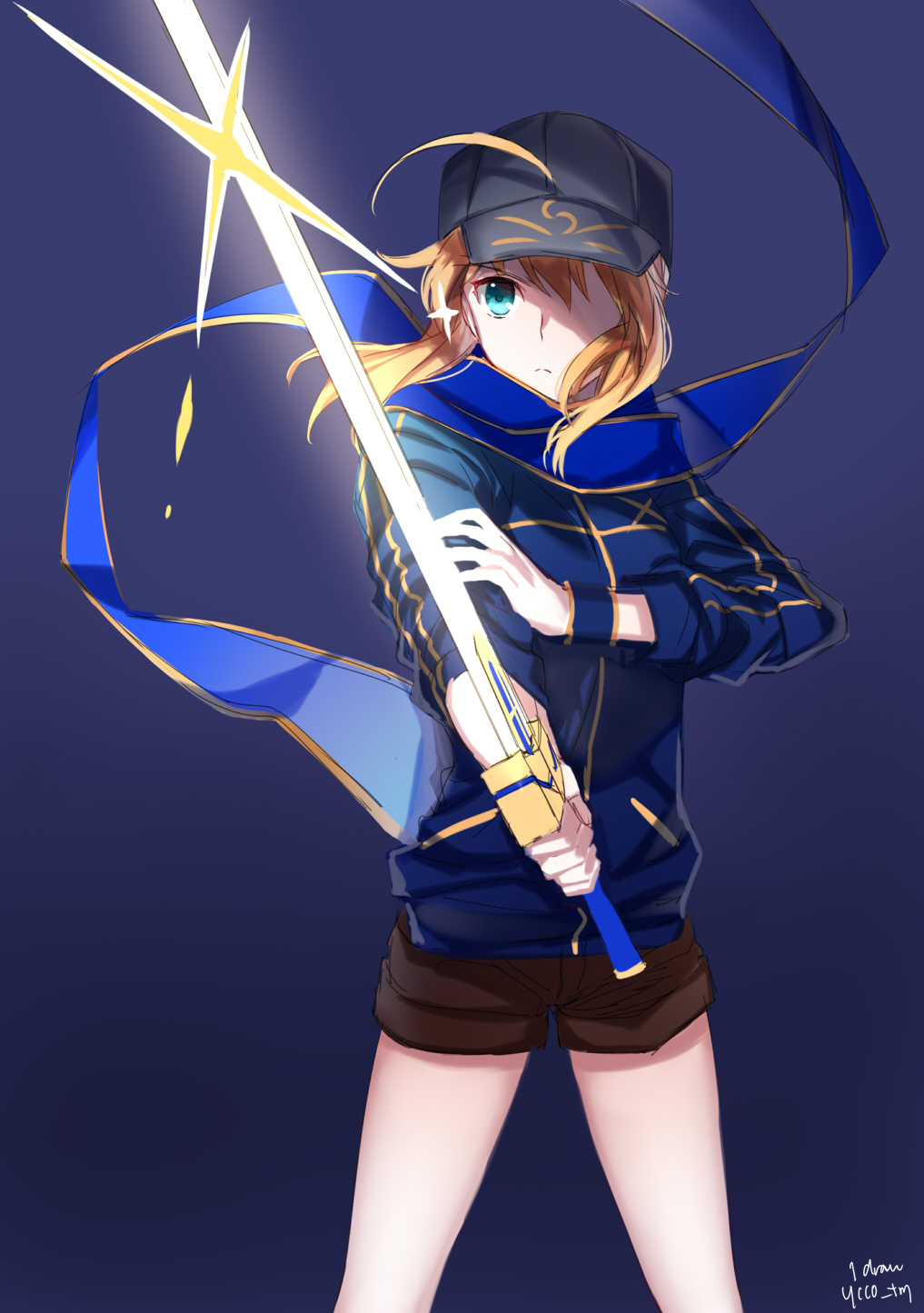 1girl, baseball_cap, blonde_hair, excalibur, fate/grand_order, fate_(series), green_eyes, hat