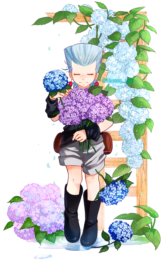 1boy, black_boots, boots, closed_eyes, earrings, flower, freckles, full_body