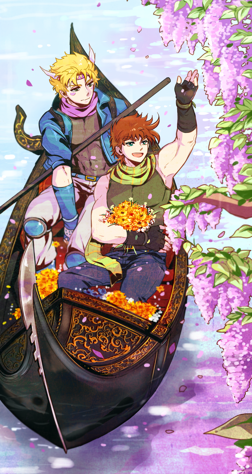 blonde_hair, blurry, brown_hair, caesar_anthonio_zeppeli, canoe, depth_of_field, facial_mark, fingerless_gloves